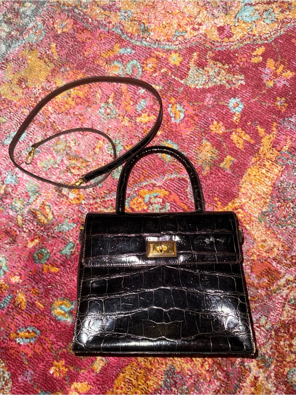 Gianfranco Ferre Black Croc-Embossed Top-Handle Crossbody Bag with Gold Hardware